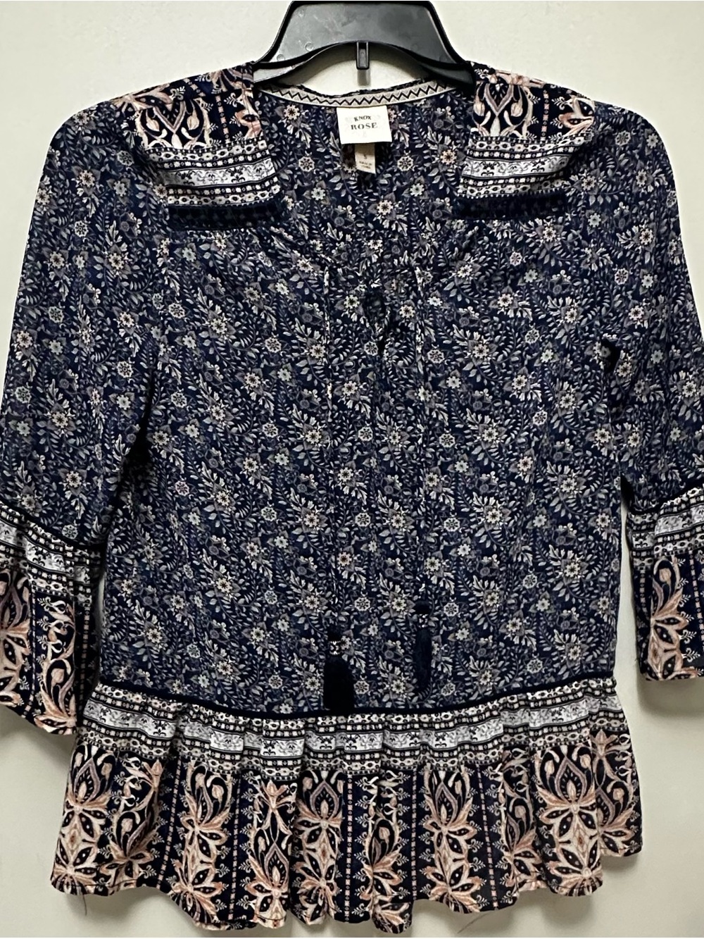 Knox Rose Boho Floral Peplum Blouse Navy Blue Tassel Bell Sleeve Size Small
